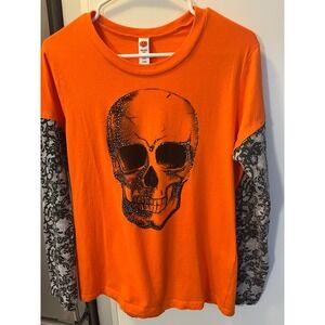 Bedazzled Skull Tshirt with faux lace long sleeves!  Be Festive on HallHalloween